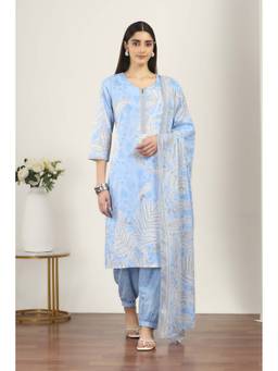 Rangriti - Blue Cotton Straight Kurta and Salwar with Dupatta