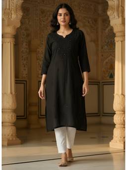 Khaka-The Chikankari Heritage - Black Women Rayon Mukaish Kurta