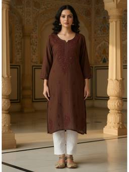 Khaka-The Chikankari Heritage - Brown Women Rayon Mukaish Kurta