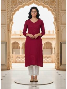 Khaka-The Chikankari Heritage - Maroon Women Rayon Mukaish Kurta