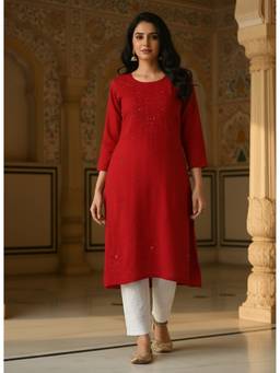 Khaka-The Chikankari Heritage - Red Women Rayon Mukaish Kurta