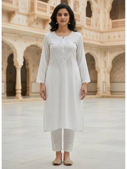 Khaka-The Chikankari Heritage - White Women Rayon Mukaish Kurta
