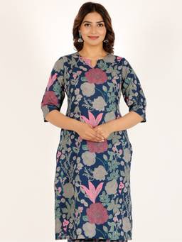 ARAMYA - Teal Women Soft Cotton Straight Floral Print Kurta