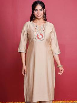 ARAMYA - Beige Women Blended Silk Straight Embroidered Kurta