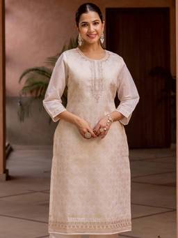 ARAMYA - Cream Women Brocade Straight Embroidered Kurta