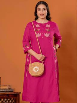 ARAMYA - Pink Women Soft Cotton Straight Embroidered Kurta