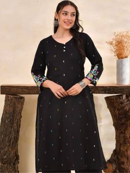 ARAMYA - Black Women Linen Cotton A-Line Kurta