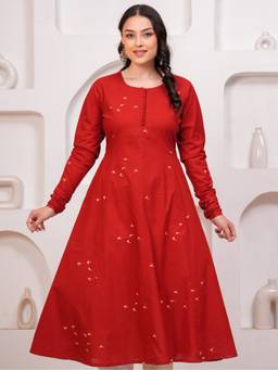 ARAMYA - Red Women Soft Cotton A-Line Quirky Print Kurta