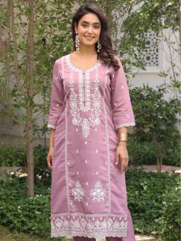 ARAMYA - Lavender Women Chanderi Straight Embroidered Kurta