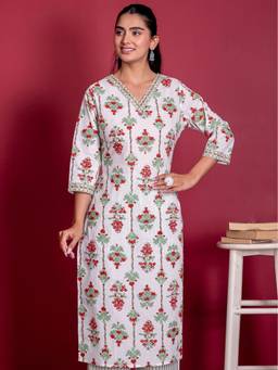 ARAMYA - White Women Soft Cotton Straight Floral Print Kurta