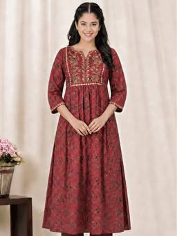ARAMYA - Maroon Women Soft Cotton Flared Floral Print Kurta