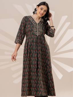 ARAMYA - Green Women Soft Cotton Anarkali Jaal Print Kurta
