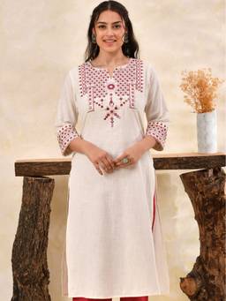 ARAMYA - Off White Women Slub Cotton Straight Embroidered Kurta