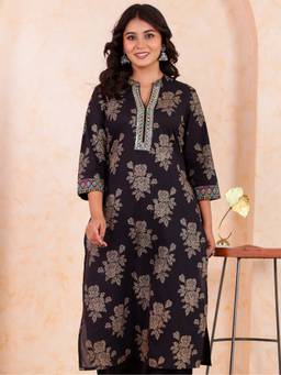 ARAMYA - Black Women Soft Cotton Straight Gold Foil Print Kurta