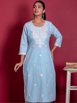 ARAMYA - Blue Women Soft Cotton Straight Embroidered Kurta