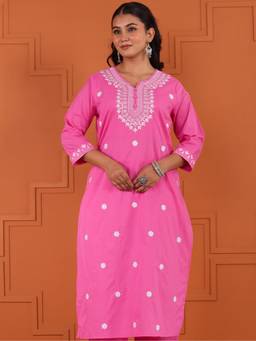ARAMYA - Pink Women Soft Cotton Straight Embroidered Kurta
