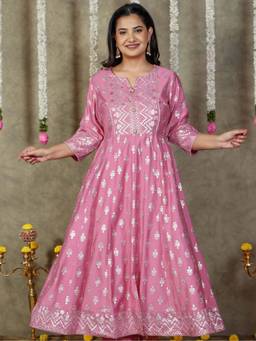 ARAMYA - Pink Chanderi Anarkali Gold Foil Print Kurta