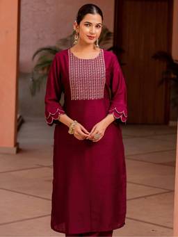 ARAMYA - Maroon Women Blended Silk Straight Embroidered Kurta