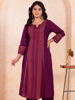 ARAMYA - Wine Women Viscose Straight Solid Kurta