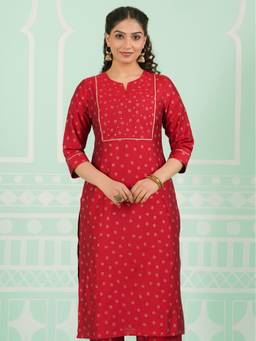 ARAMYA - Red Women Chanderi Straight Gold Foil Print Kurta