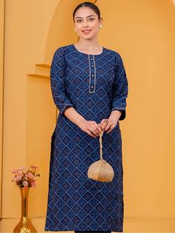 ARAMYA - Navy Blue Women Chanderi Straight Geometric Print Kurta