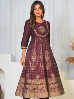 ARAMYA - Maroon Women Chanderi Anarkali Gold Foil Print Kurta