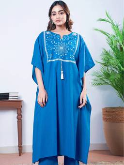 ARAMYA - Blue Women Soft Cotton Embroidered Kaftan Kurta
