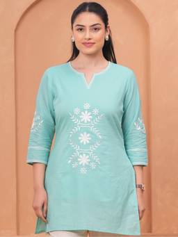 ARAMYA - Turquoise Women Soft Cotton Straight Embroidered Kurti