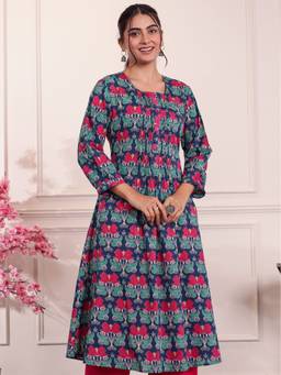 ARAMYA - Blue Women Soft Cotton Flared Floral Print Kurta