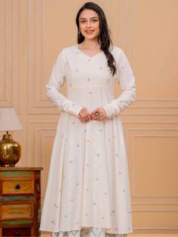 ARAMYA - Cream Women Soft Cotton Anarkali Butti Print Kurta