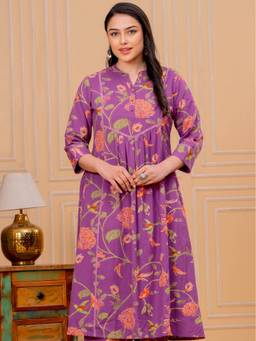 ARAMYA - Purple Women Linen Cotton A-Line Floral Print Kurta
