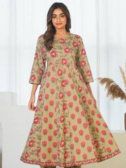 ARAMYA - Olive Women Soft Cotton Anarkali Floral Print Kurta