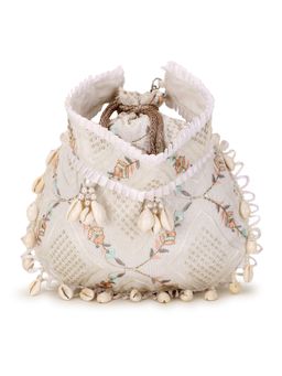Anekaant - Dangle Off White and Multi Stone Work Embroidered Faux Silk Potli