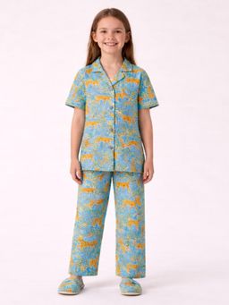 PICCOLO - Girls Blue Tiger Print Cotton Shirt and Pyjama with Slipper