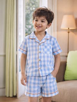 Somersault - Boys Check Blue Cotton Shirt and Shorts