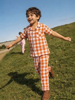 Somersault - Boys Check Rust Cotton Shirt and Pyjama