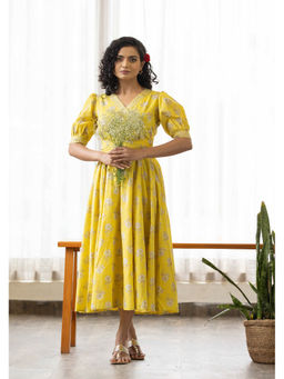 Maitri Jaipur - Yellow Floral Discharge Print Dress