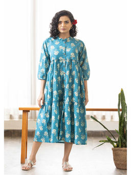 Maitri Jaipur - Blue Floral Discharge Print Tiered Dress