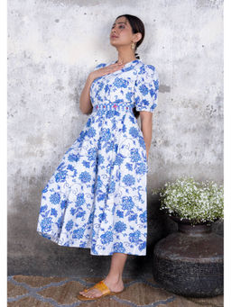 Maitri Jaipur - Blue Open Jaal Flared Midi Dress with Belt