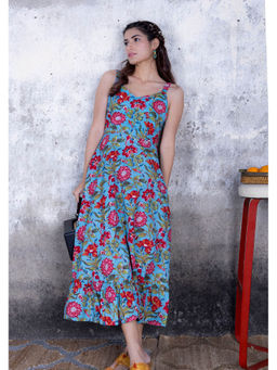 Maitri Jaipur - Teal Blue Floral Print Midi Dress