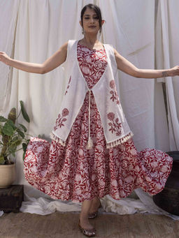 Maitri Jaipur - Red Pomegranate Print Flared Dress with Cape