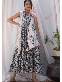 Maitri Jaipur - Black Pomegranate Print Flared Dress with Cape