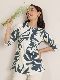 Libas - Grey Printed Cotton Straight Short Kurtis for Women