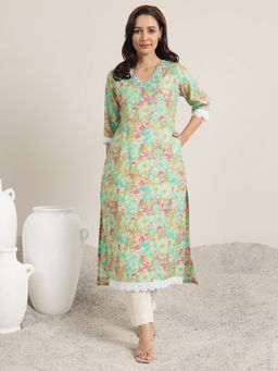 Libas - Green Printed Silk Blend Straight Kurtas for Women