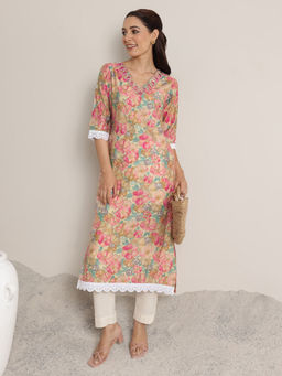 Libas - Pink Printed Silk Blend Straight Kurtas for Women