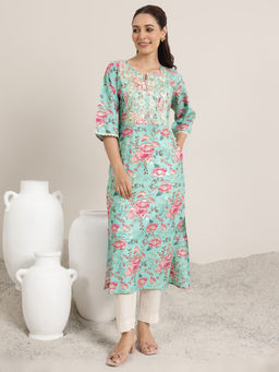 Libas - Blue Printed Silk Blend Straight Kurtas for Women