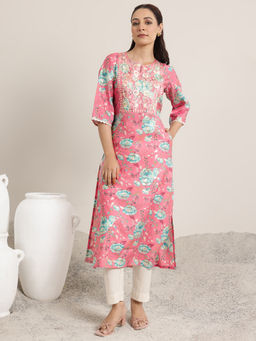 Libas - Pink Printed Silk Blend Straight Kurtas for Women