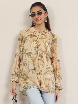 Libas - Beige Printed Chiffon Straight Short Kurtis for Women