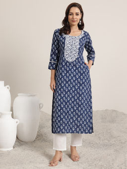 Libas - Indigo Printed Silk Blend Straight Kurtas for Women