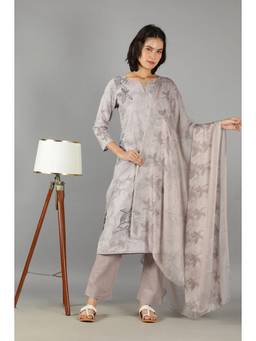 Barara Ethnic - Grey Printed Straight Kurta Set with Dupatta